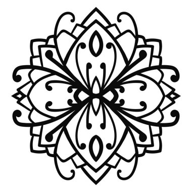Süslü, yuvarlak karalama çiçeği beyaz arka planda izole edilmiş. Siyah hatlı mandala. Geometrik daire elementi. Vektör illüstrasyonu.