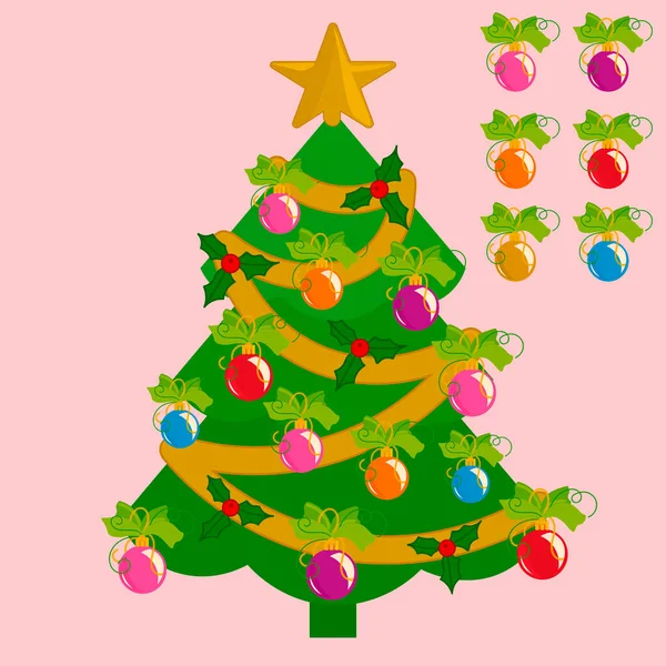 Πολύχρωμη Ευχετήρια Κάρτα Ευτυχισμένο Νέο Έτος Χριστουγεννιάτικο Δέντρο Holly Berry — Διανυσματικό Αρχείο