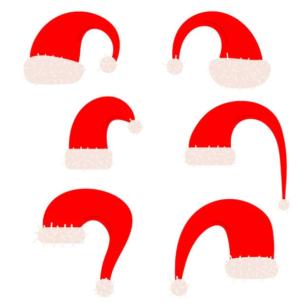Röd Cap Med Vit Garnboll Jultomten Isolerad Vit Bakgrund Set — Stock vektor