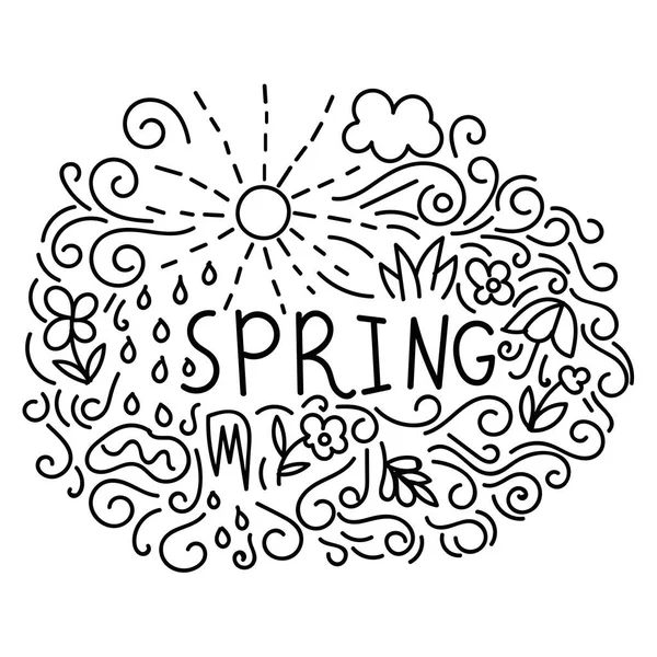 Línea Delgada Postal Primavera Con Sol Flores Lluvia Rizos Aislados — Vector de stock