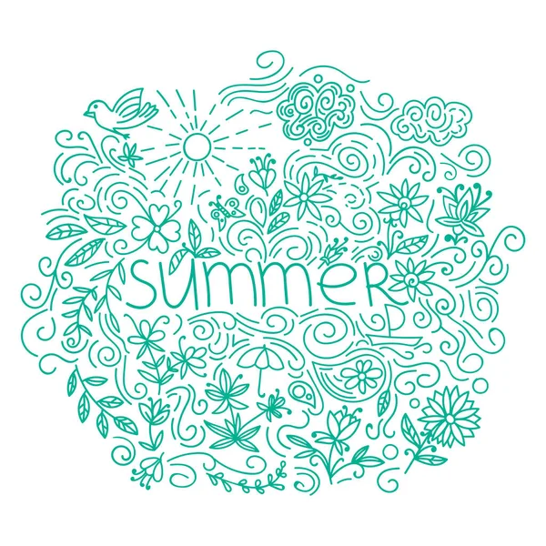 夏のはがき 花の要素 巻き線を持つ落書き夏のカード ベクターイラスト — ストックベクタ