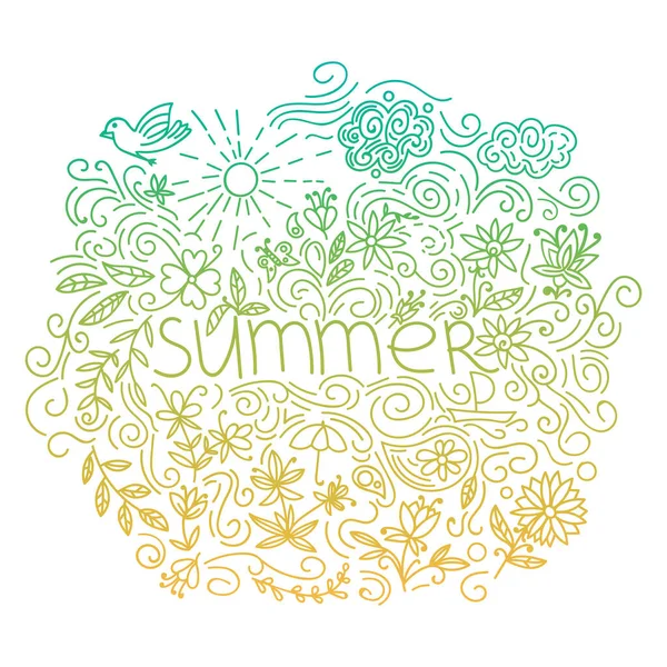 Sommerpostkarte Gekritzelte Sommerkarte Mit Floralen Elementen Blumen Sonne Lockigen Linien — Stockvektor
