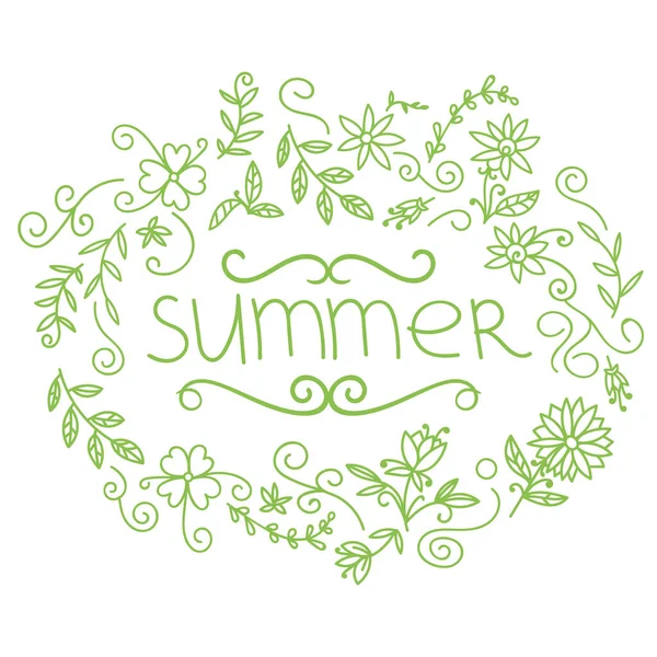 Yaz kartpostalı. Çiçek, çiçek, güneş ve kıvrımlı çizgiler içeren bir karton. Vektör illüstrasyonu.