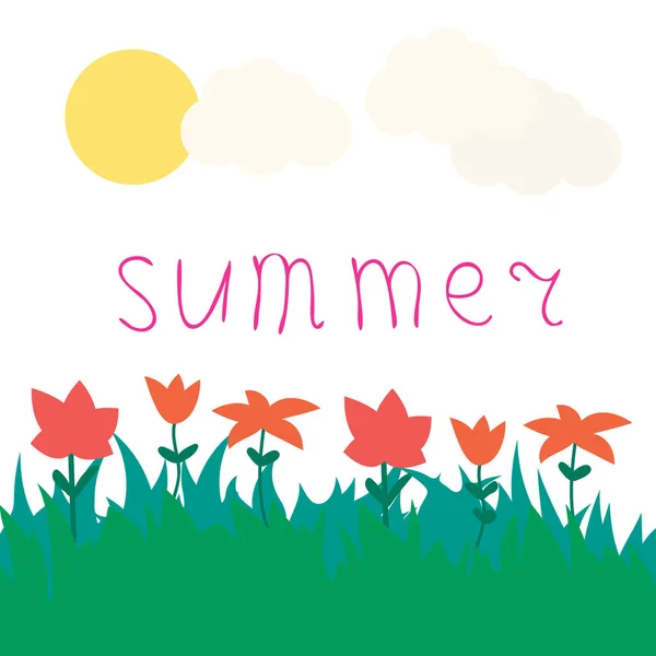 Κάρτα Πράσινο Γρασίδι Λουλούδια Ήλιο Και Σύννεφα Καλοκαίρι Θερινή Κάρτα — Διανυσματικό Αρχείο