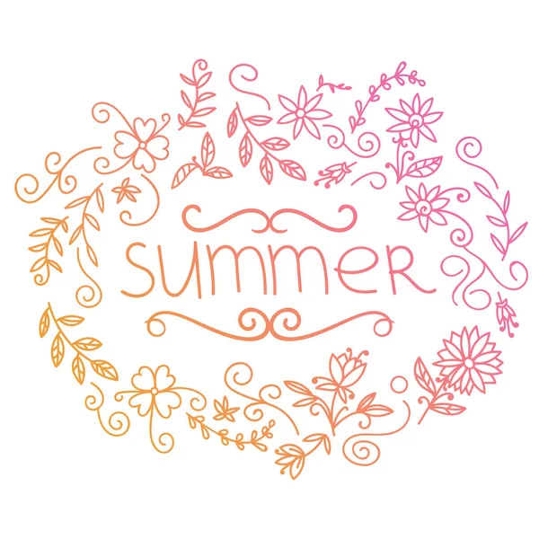 Yaz kartpostalı. Çiçek, çiçek, güneş ve kıvrımlı çizgiler içeren bir karton. Vektör illüstrasyonu.