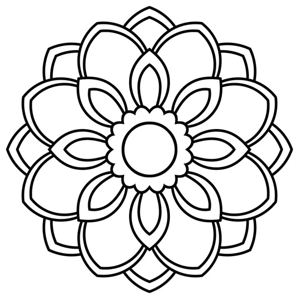 Süslü, yuvarlak karalama çiçeği beyaz arka planda izole edilmiş. Siyah hatlı mandala. Geometrik daire elementi. Vektör illüstrasyonu.