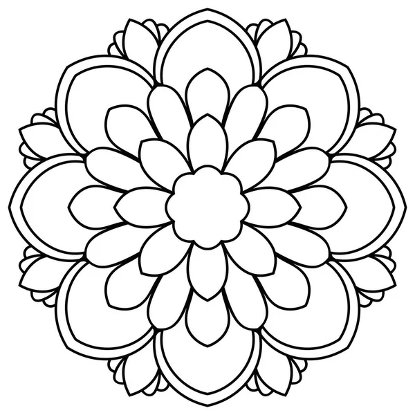 Siyah çizgili çiçek mandala. Beyaz arkaplanda izole edilmiş boyama kitabı için karalama yuvarlak dekoratif öğe. Çiçekli geometrik çember. Vektör illüstrasyonu.