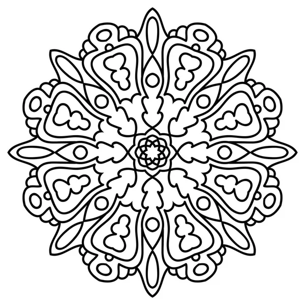 Ana hatlarıyla Mandala. Süslü, yuvarlak karalama çiçeği beyaz arka planda izole edilmiş. Geometrik daire elementi. Vektör illüstrasyonu.