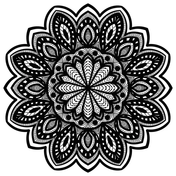 Siyah çizgili çiçek mandala. Klasik dekoratif unsur. Süslü, yuvarlak karalama çiçeği beyaz arka planda izole edilmiş. Geometrik daire elementi. Vektör illüstrasyonu.