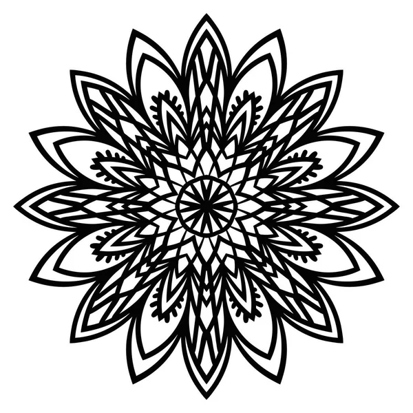 Süslü, yuvarlak karalama çiçeği beyaz arka planda izole edilmiş. Siyah hatlı mandala. Geometrik daire elementi. Vektör illüstrasyonu.