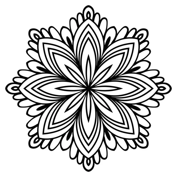 Süslü, yuvarlak karalama çiçeği beyaz arka planda izole edilmiş. Siyah hatlı mandala. Geometrik daire elementi. Vektör illüstrasyonu.