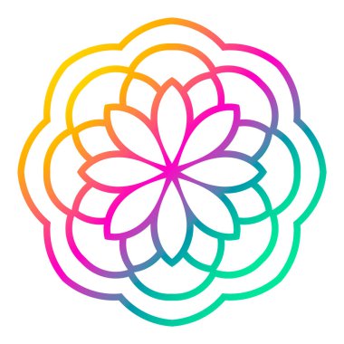 Renkli bir çiçek mandala. El yapımı dekoratif unsur. Süslü, yuvarlak karalama çiçekli element beyaz arka planda izole edilmiş. Vektör illüstrasyonu.