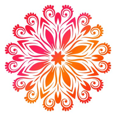 Renkli bir çiçek mandala. El yapımı dekoratif unsur. Süslü, yuvarlak karalama çiçekli element beyaz arka planda izole edilmiş. Vektör illüstrasyonu.