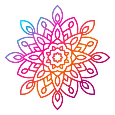 Renkli bir çiçek mandala. El yapımı dekoratif unsur. Süslü, yuvarlak karalama çiçekli element beyaz arka planda izole edilmiş. Vektör illüstrasyonu.