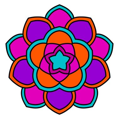 Renkli mandala. Süslü, yuvarlak karalama çiçeği beyaz arka planda izole edilmiş. Vektör illüstrasyonu.