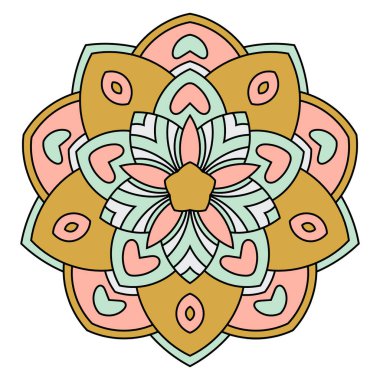 Renkli Mandala. Süslü, yuvarlak karalama çiçeği beyaz arka planda izole edilmiş. Geometrik daire elementi. Vektör illüstrasyonu.