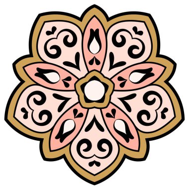 Renkli Mandala. Süslü, yuvarlak karalama çiçeği beyaz arka planda izole edilmiş. Geometrik daire elementi. Vektör illüstrasyonu.