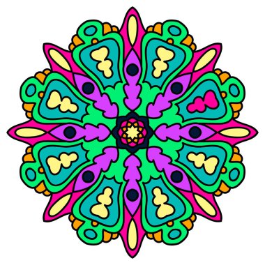 Renkli mandala. Süslü, yuvarlak karalama çiçeği beyaz arka planda izole edilmiş. Vektör illüstrasyonu. 