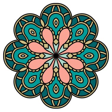 Renkli mandala. Süslü, yuvarlak karalama çiçeği beyaz arka planda izole edilmiş. Vektör illüstrasyonu. 