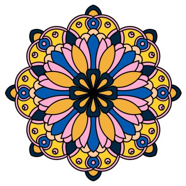 Renkli mandala. Süslü, yuvarlak karalama çiçeği beyaz arka planda izole edilmiş. Vektör illüstrasyonu. 