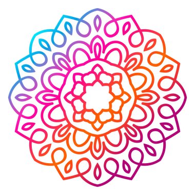 Renkli bir çiçek mandala. El yapımı dekoratif unsur. Süslü, yuvarlak karalama çiçekli element beyaz arka planda izole edilmiş. Vektör illüstrasyonu.