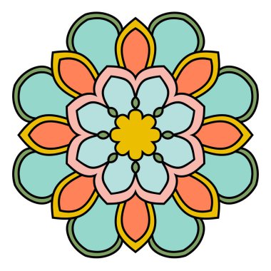 Ana hatlarıyla Mandala. Süslü, yuvarlak karalama çiçeği beyaz arka planda izole edilmiş. Geometrik daire elementi. Vektör illüstrasyonu. 