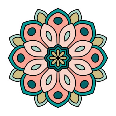 Renkli taslak Mandala. Süslü, yuvarlak karalama çiçeği beyaz arka planda izole edilmiş. Geometrik daire elementi. Vektör illüstrasyonu.  