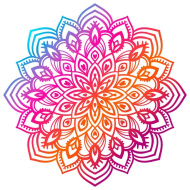 Renkli bir çiçek mandala. El yapımı dekoratif unsur. Süslü, yuvarlak karalama çiçekli element beyaz arka planda izole edilmiş. Vektör illüstrasyonu.