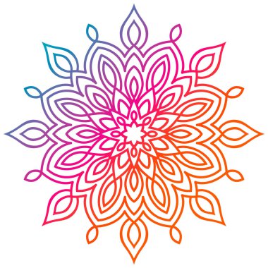 Renkli bir çiçek mandala. El yapımı dekoratif unsur. Süslü, yuvarlak karalama çiçekli element beyaz arka planda izole edilmiş. Vektör illüstrasyonu.