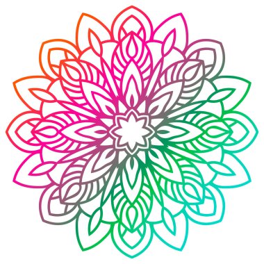 Siyah çizgili çiçek mandala. Klasik dekoratif unsur. Süslü, yuvarlak karalama çiçeği beyaz arka planda izole edilmiş. Geometrik daire elementi. Vektör illüstrasyonu.