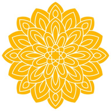 Sarı çiçek mandala. Süslü, yuvarlak karalama çiçekli element beyaz arka planda izole edilmiş. Vektör illüstrasyonu.