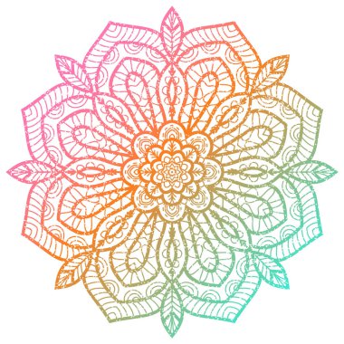 Renkli çiçek mandala. Klasik dekoratif unsur. Süslü, yuvarlak karalama çiçeği beyaz arka planda izole edilmiş. Geometrik daire elementi. Vektör illüstrasyonu.