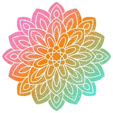 Renkli bir çiçek mandala. Süslü, yuvarlak karalama çiçekli element beyaz arka planda izole edilmiş. Vektör illüstrasyonu.