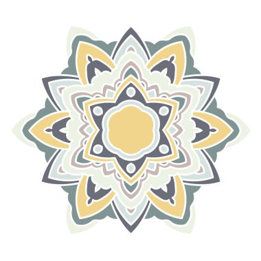 Süslü, yuvarlak karalama çiçeği beyaz arka planda izole edilmiş. Siyah hatlı mandala. Geometrik daire elementi. Vektör illüstrasyonu.