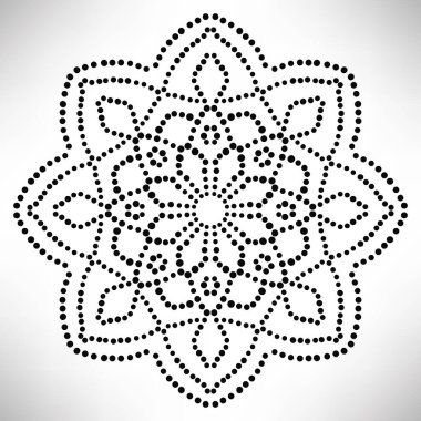 Süslü, yuvarlak, beyaz arka planda izole bir çiçek. Siyah yarım ton mandala. Geometrik daire elementi. Vektör illüstrasyonu.
