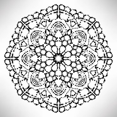 Süslü, yuvarlak, beyaz arka planda izole bir çiçek. Siyah yarım ton mandala. Geometrik daire elementi. Vektör illüstrasyonu.