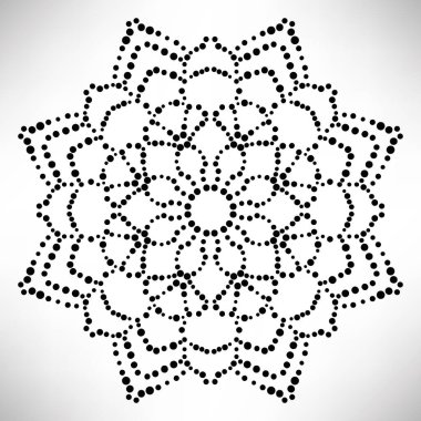 Süslü, yuvarlak, beyaz arka planda izole bir çiçek. Siyah yarım ton mandala. Geometrik daire elementi. Vektör illüstrasyonu.