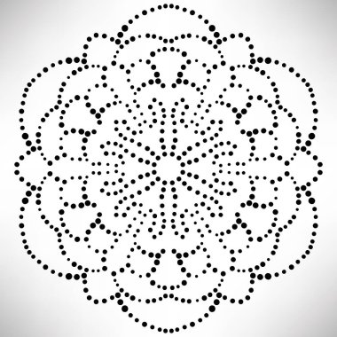 Siyah noktalı çiçek mandala. Dekoratif unsur. Süslü, yuvarlak karalama beyaz arka planda izole edilmiş. Geometrik daire elementi. Vektör illüstrasyonu.