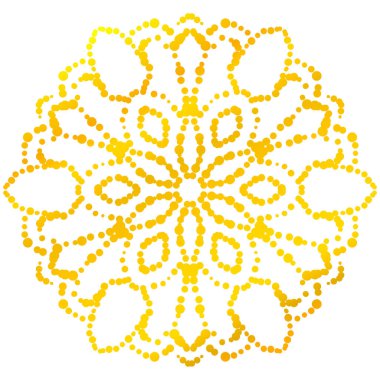 Altın noktalı çiçek mandala. Dekoratif unsur. Süslü, yuvarlak yarım ton beyaz arka planda izole. Geometrik çember. Vektör illüstrasyonu.