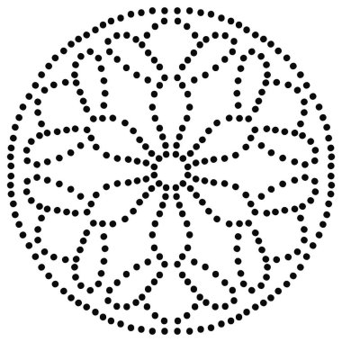 Siyah noktalı çiçek mandala. Dekoratif unsur. Süslü, yuvarlak karalama beyaz arka planda izole edilmiş. Geometrik daire elementi. Vektör illüstrasyonu.