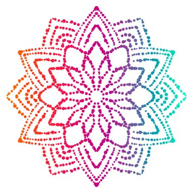 Renkli noktalı mandala. Gradyan çiçek dekoratif elementi. Süslü, yuvarlak karalama çiçeği beyaz arka planda izole edilmiş. Geometrik daire elementi. Vektör illüstrasyonu.