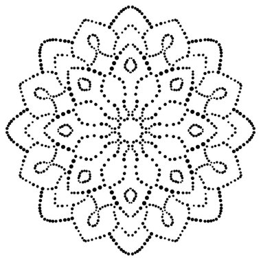 Süslü, yuvarlak karalama çiçeği beyaz arka planda izole edilmiş. Siyah hatlı mandala. Geometrik daire elementi. Vektör illüstrasyonu.