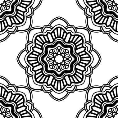 Süslü mandala ile kusursuz bir şablon. Soyut yuvarlak karalama çiçek arkaplanı. Çiçekli geometrik çember. Vektör illüstrasyonu.  