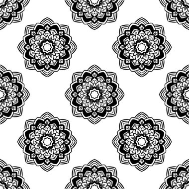 Süslü mandala ile kusursuz bir şablon. Soyut yuvarlak karalama çiçek arkaplanı. Çiçekli geometrik çember. Vektör illüstrasyonu.  