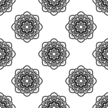 Süslü mandala ile kusursuz bir şablon. Soyut yuvarlak karalama çiçek arkaplanı. Çiçekli geometrik çember. Vektör illüstrasyonu.  