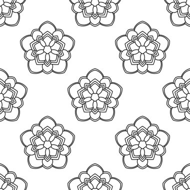 Süslü mandala ile kusursuz bir şablon. Soyut yuvarlak karalama çiçek arkaplanı. Çiçekli geometrik çember. Vektör illüstrasyonu.  