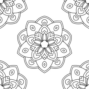 Süslü mandala ile kusursuz bir şablon. Soyut yuvarlak karalama çiçek arkaplanı. Çiçekli geometrik çember. Vektör illüstrasyonu.  