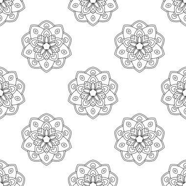 Süslü mandala ile kusursuz bir şablon. Soyut yuvarlak karalama çiçek arkaplanı. Çiçekli geometrik çember. Vektör illüstrasyonu.  