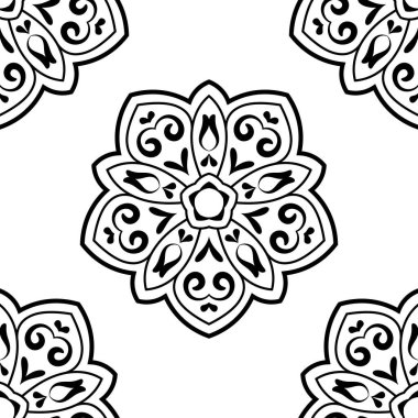 Süslü mandala ile kusursuz bir şablon. Soyut yuvarlak karalama çiçek arkaplanı. Çiçekli geometrik çember. Vektör illüstrasyonu.  
