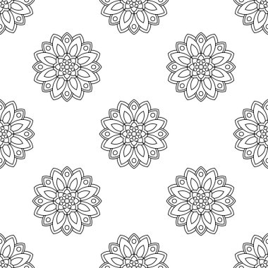 Süslü mandala ile kusursuz bir şablon. Soyut yuvarlak karalama çiçek arkaplanı. Çiçekli geometrik çember. Vektör illüstrasyonu.  